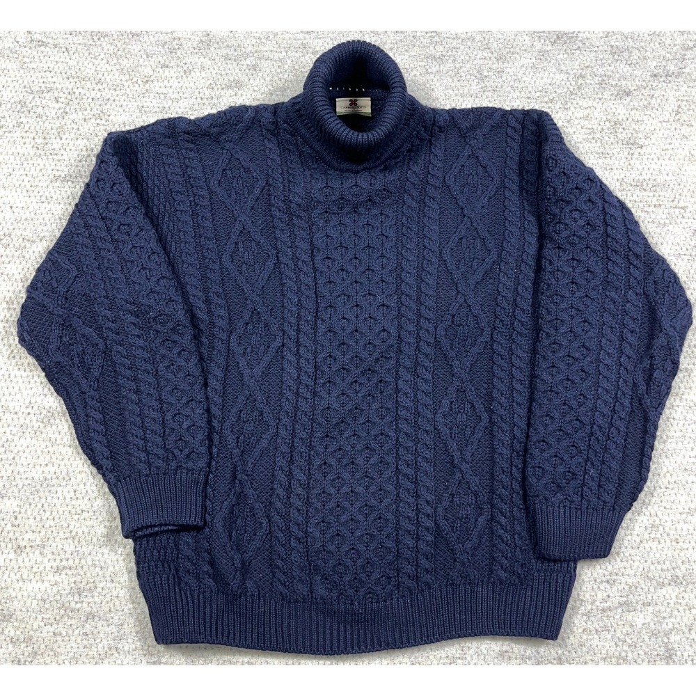 Carraig Donn Sweater Women Medium Blue Heavy Wool Cable Knit Fishermen Navy VTG‎